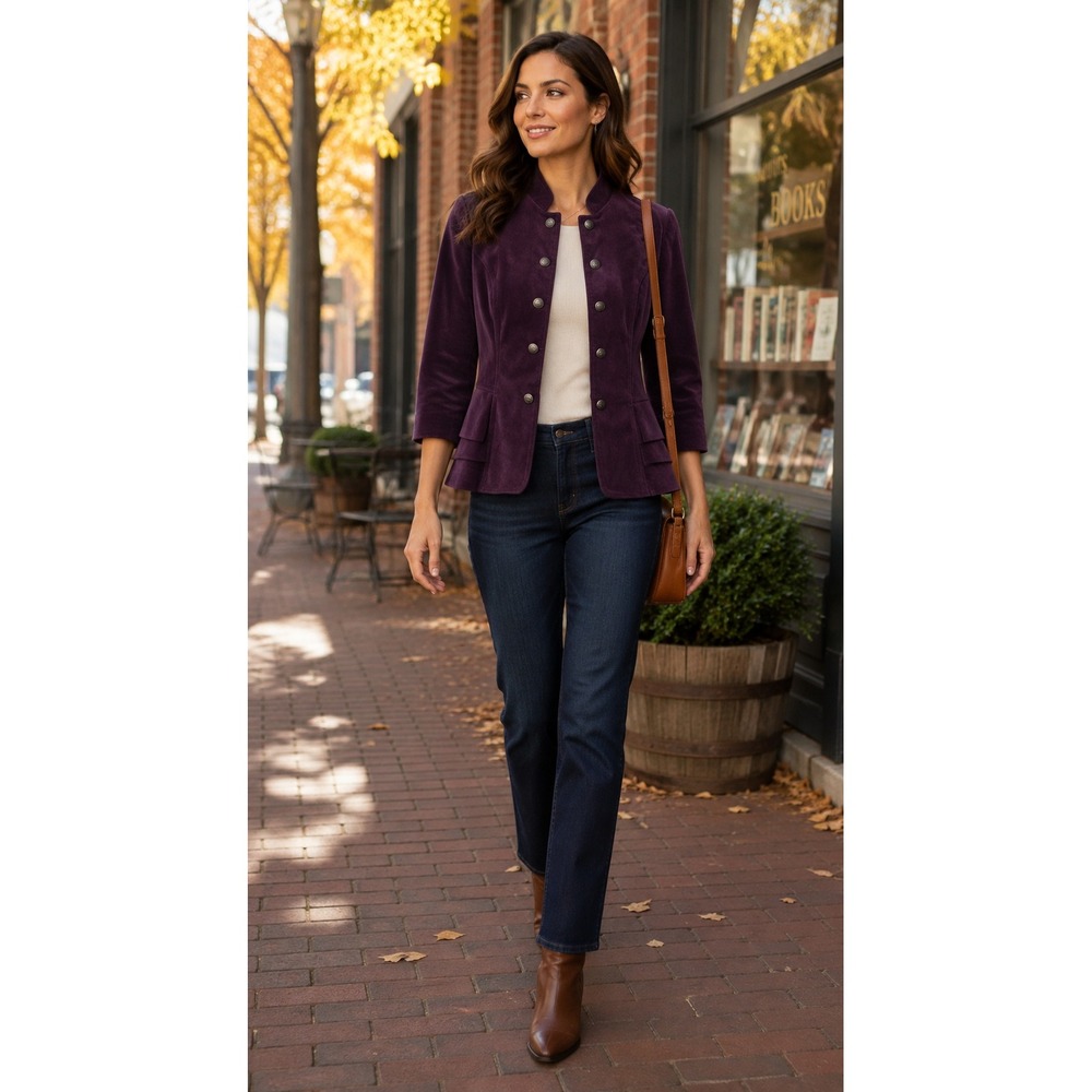 Roz & Ali Purple Corduroy Military Jacket Ruffle Peplum 3/4 Sleeve S